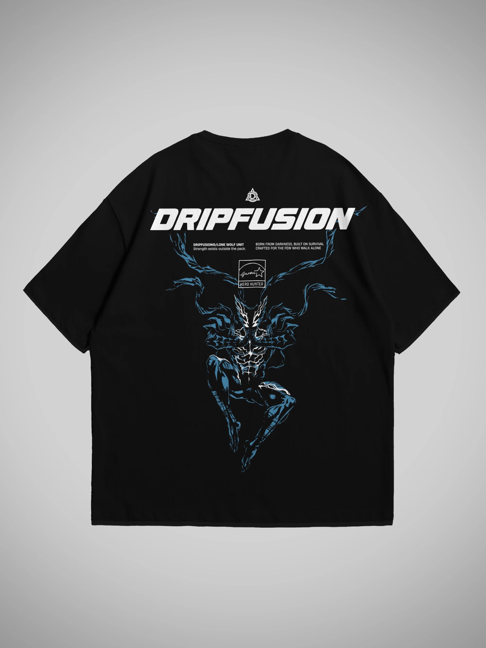 Black t-shirt with blue anime graphic design and 'DRIPFUSION' text on a gray background