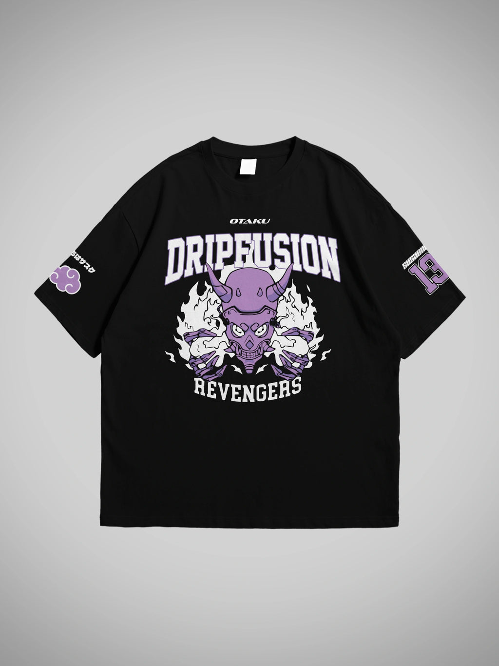 Black oversized t-shirt with graphic design from naruto and text on a gray background