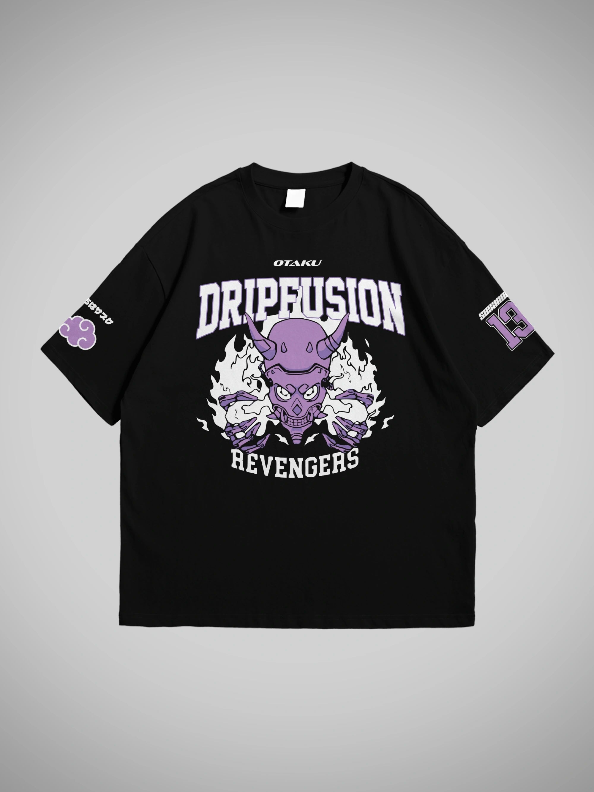 Black oversized t-shirt with graphic design from naruto and text on a gray background