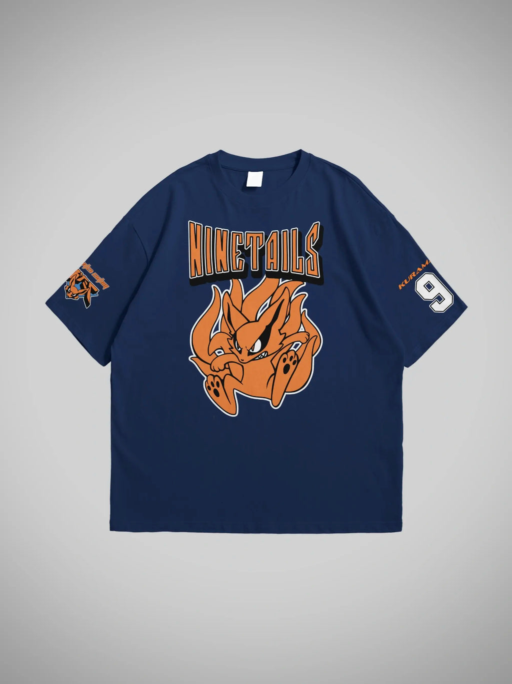 Navy blue oversized t-shirt jersey with a nine tails naruto graphic design on a gray background