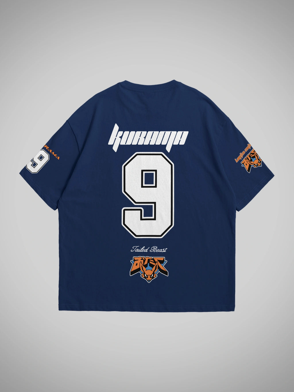 Navy blue oversized jersey t-shirt with white numbering and logos on a gray background