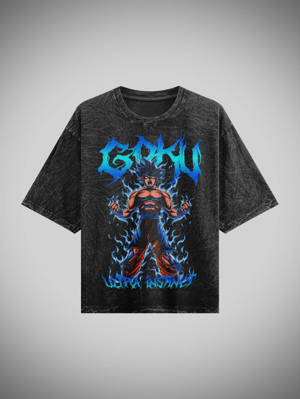 acid wash oversized t-shirt with a graphic design of goku from dragon ball in flames on a gray background