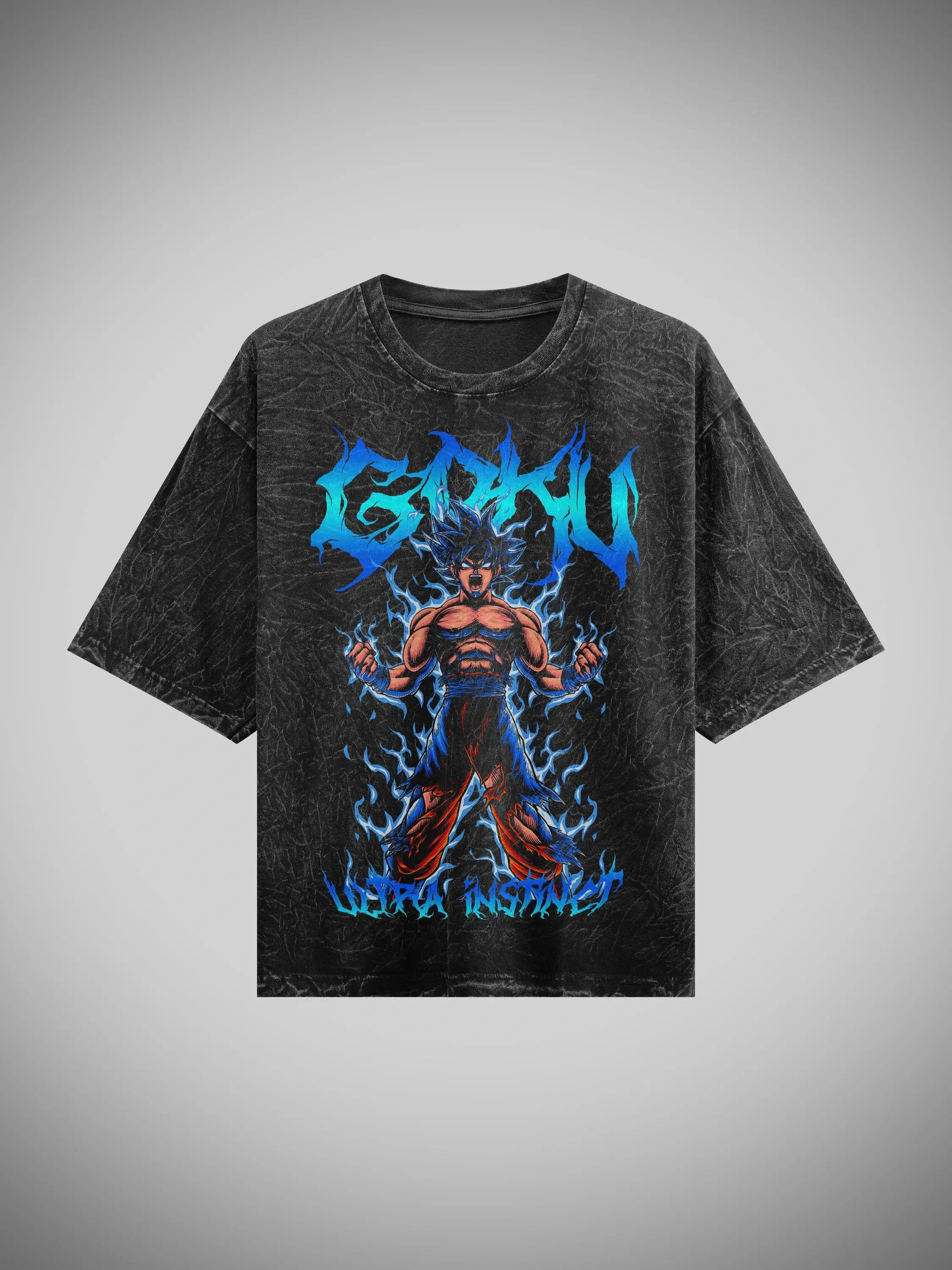 acid wash oversized t-shirt with a graphic design of goku from dragon ball in flames on a gray background