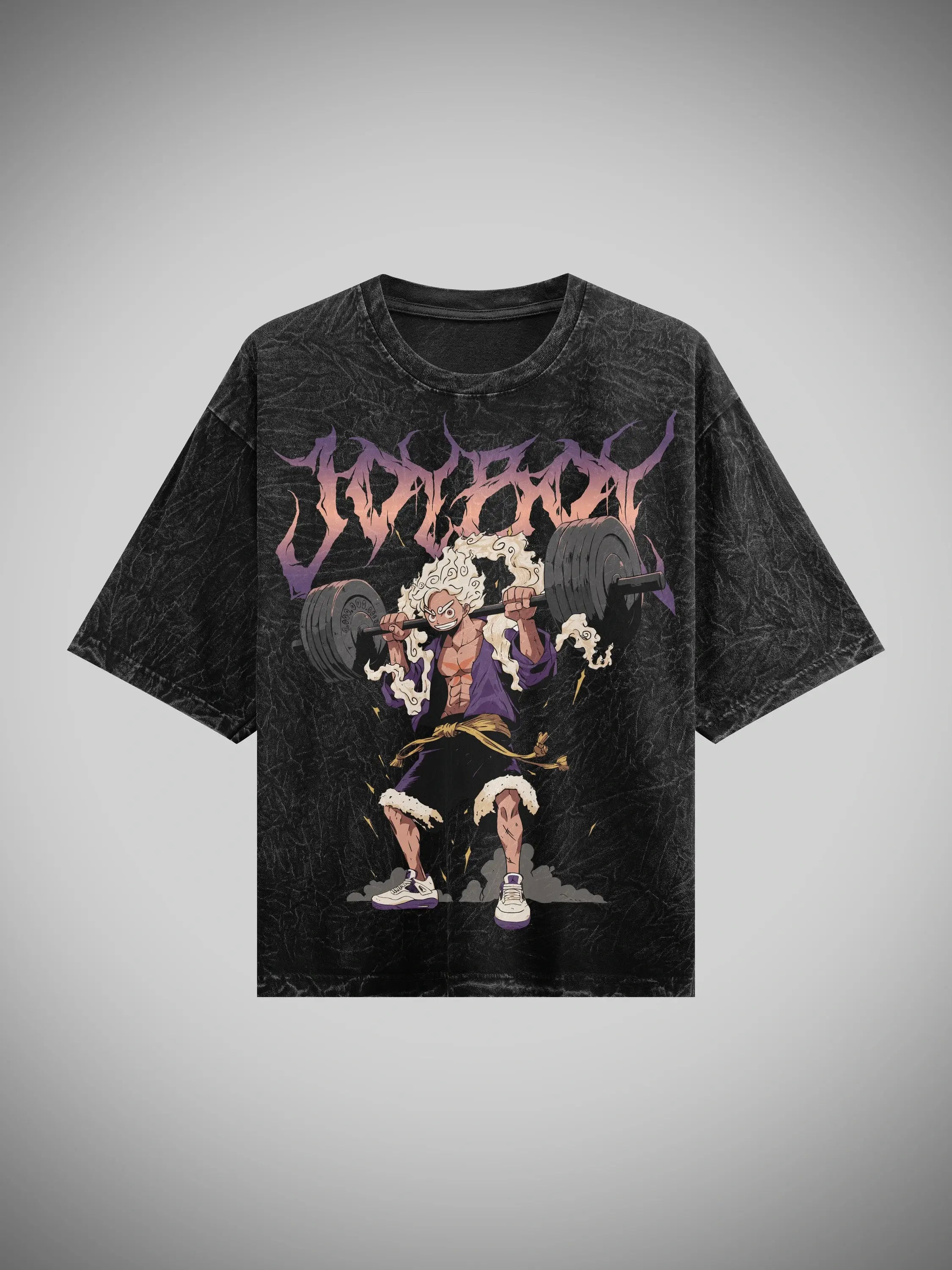 acid wash t-shirt with graphic design of luffy from one piece on a gray background