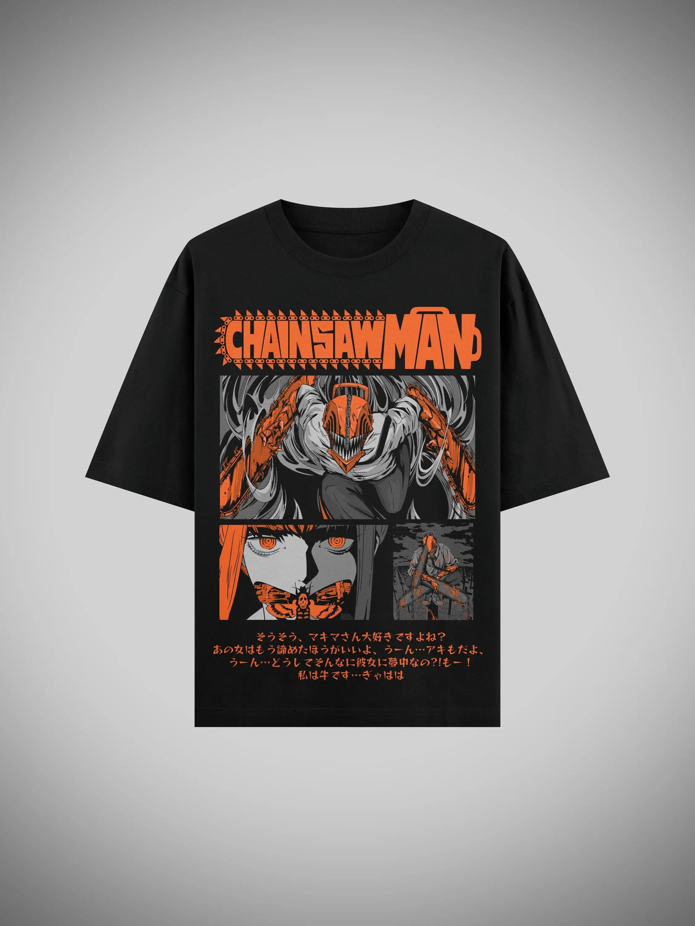 Black oversized t-shirt with Chainsaw Man graphic design on a gray background